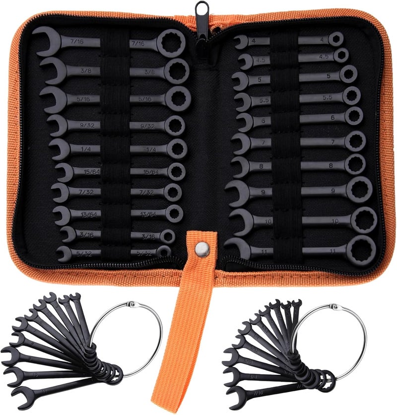 LEONTOOL طقم مفاتيح ربط ميني مقاس متري و SAE مكون من 20 قطعة، مفاتيح إشعال، 4 مم-11 مم و 5/32"-7/16"، طقم مفاتيح مفتوحة ونهاية صندوقية، مفتاح صغير فائق النحافة مع حقيبة بسحاب وحلقة مفاتيح، أسود - Image 1